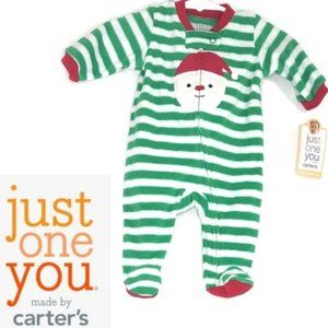 CARTER'S Kids Baby White Green Stripes Santa Claus Onesies Footsies 0-3 mos NEW